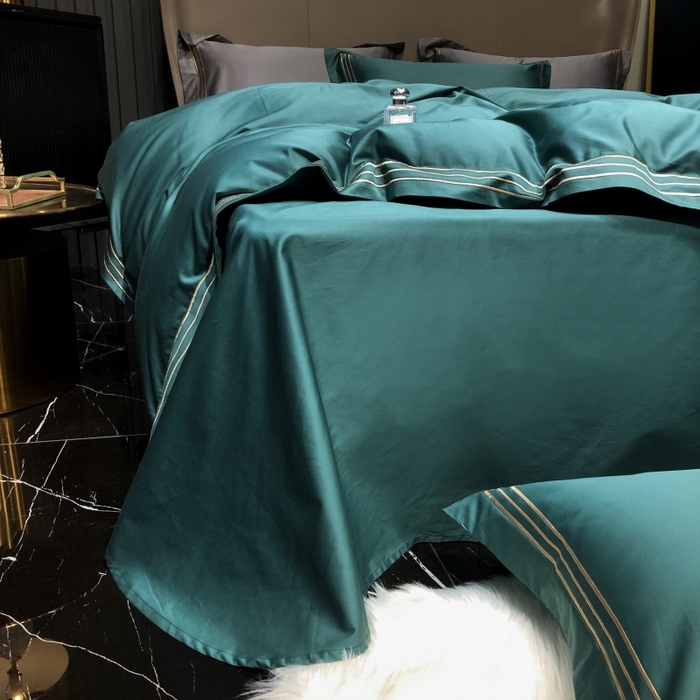 91家纺网 家纺一手货源 找家纺 梵克保罗 2025春夏新款全棉长绒棉100支三线绣刺绣四件套 丝绒绿