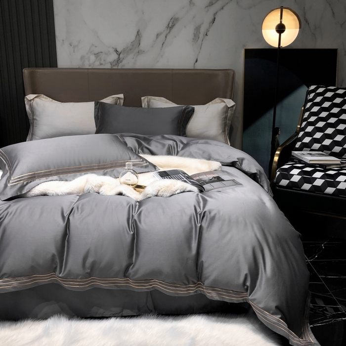 91家纺网 家纺一手货源 找家纺 梵克保罗 2025春夏新款全棉长绒棉100支三线绣刺绣四件套 女神灰