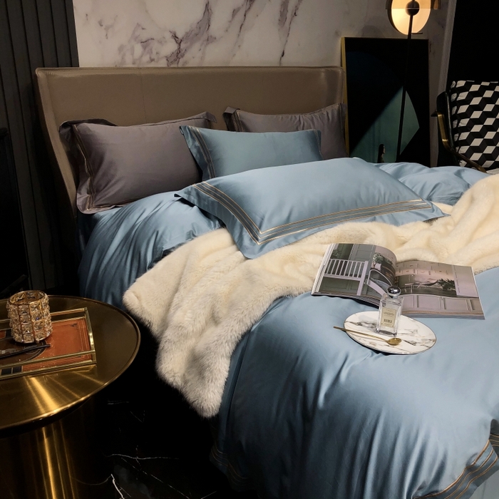 91家纺网 家纺一手货源 找家纺 梵克保罗 2025春夏新款全棉长绒棉100支三线绣刺绣四件套 爱佳蓝