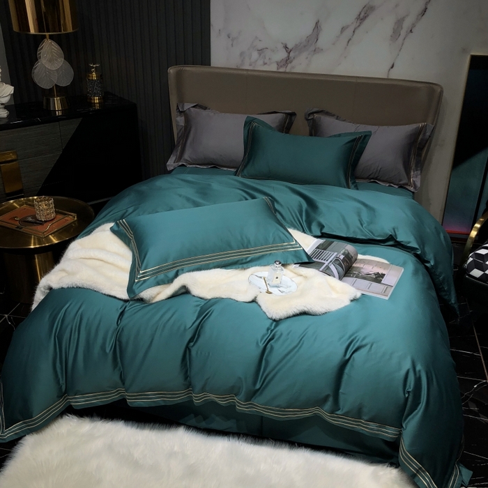 91家纺网 家纺一手货源 找家纺 梵克保罗 2025春夏新款全棉长绒棉100支三线绣刺绣四件套 丝绒绿