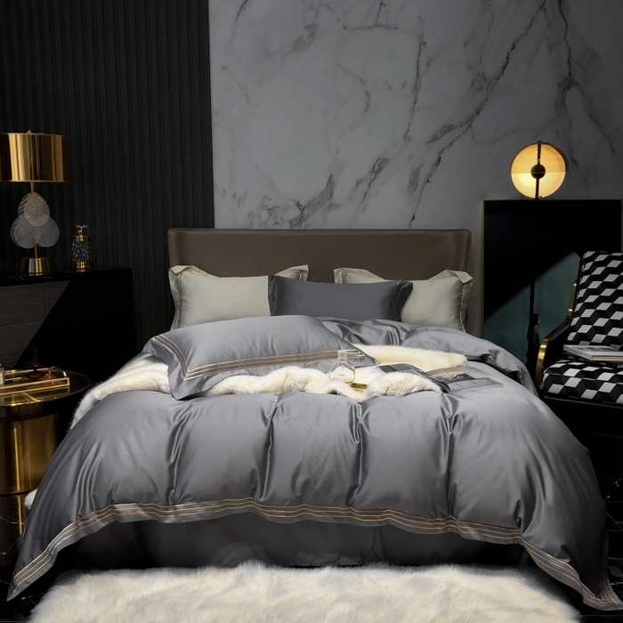 梵克保罗 2025春夏新款全棉长绒棉100支三线绣刺绣四件套 女神灰