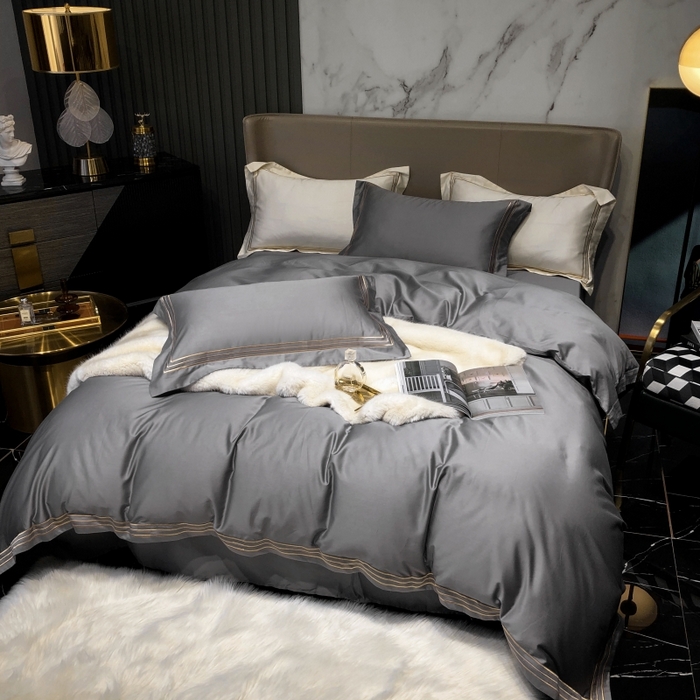 91家纺网 家纺一手货源 找家纺 梵克保罗 2025春夏新款全棉长绒棉100支三线绣刺绣四件套 女神灰