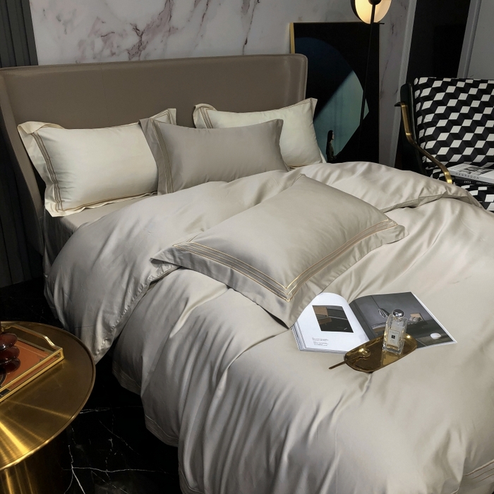 91家纺网 家纺一手货源 找家纺 梵克保罗 2025春夏新款全棉长绒棉100支三线绣刺绣四件套 宫廷咖