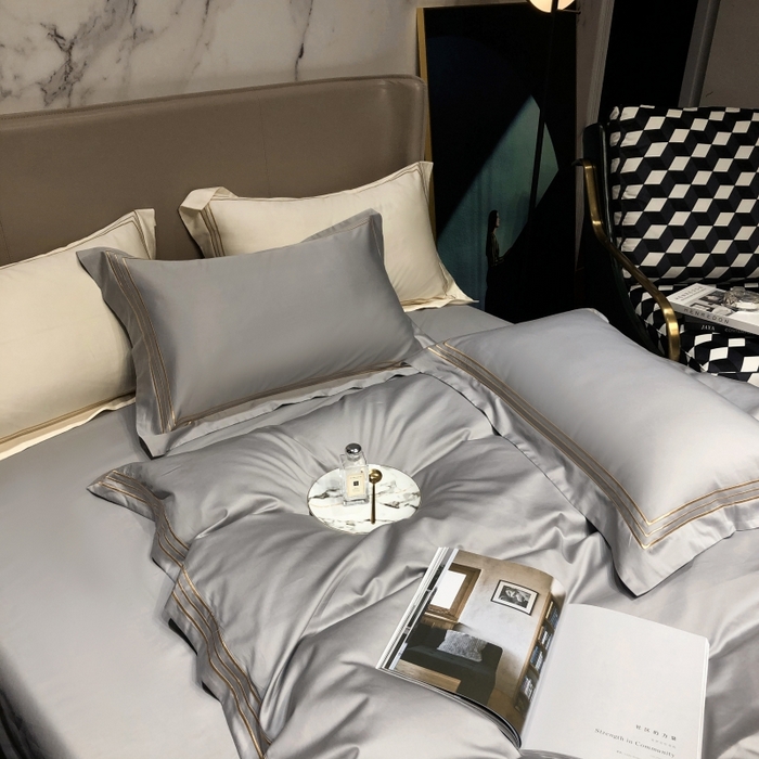 91家纺网 家纺一手货源 找家纺 梵克保罗 2025春夏新款全棉长绒棉100支三线绣刺绣四件套 深情灰