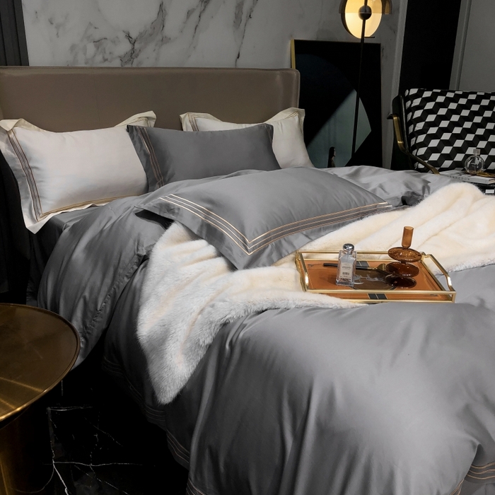 91家纺网 家纺一手货源 找家纺 梵克保罗 2025春夏新款全棉长绒棉100支三线绣刺绣四件套 女神灰