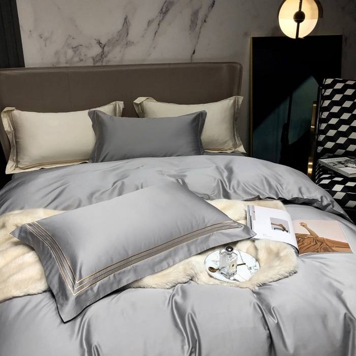 91家纺网 家纺一手货源 找家纺 梵克保罗 2025春夏新款全棉长绒棉100支三线绣刺绣四件套 深情灰