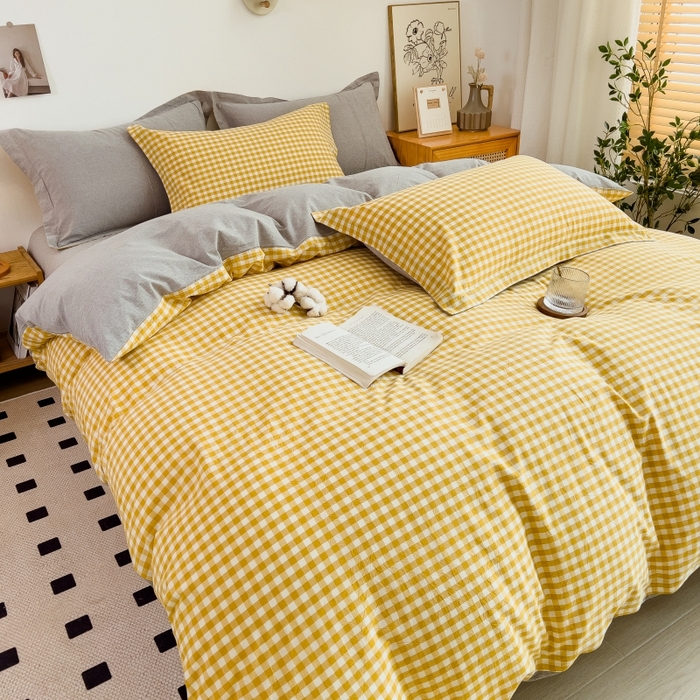 91家纺网 家纺一手货源 找家纺 梵克保罗 2025新款无印风四件套系列 小黄格-床单款