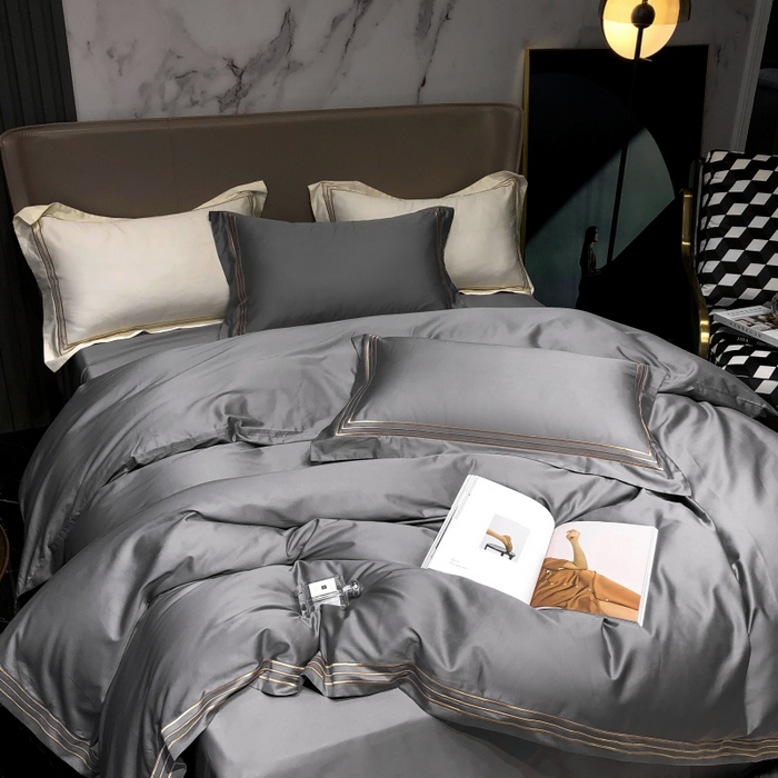 91家纺网 家纺一手货源 找家纺 梵克保罗 2025春夏新款全棉长绒棉100支三线绣刺绣四件套 女神灰