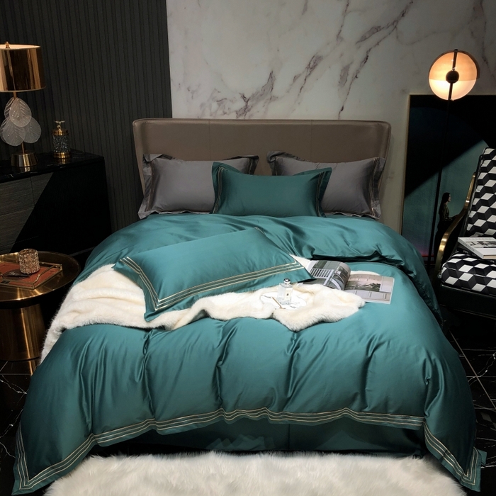 91家纺网 家纺一手货源 找家纺 梵克保罗 2025春夏新款全棉长绒棉100支三线绣刺绣四件套 丝绒绿