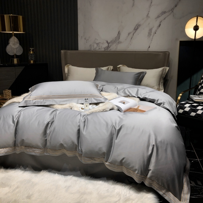 91家纺网 家纺一手货源 找家纺 梵克保罗 2025春夏新款全棉长绒棉100支三线绣刺绣四件套 深情灰