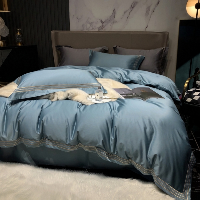 91家纺网 家纺一手货源 找家纺 梵克保罗 2025春夏新款全棉长绒棉100支三线绣刺绣四件套 爱佳蓝