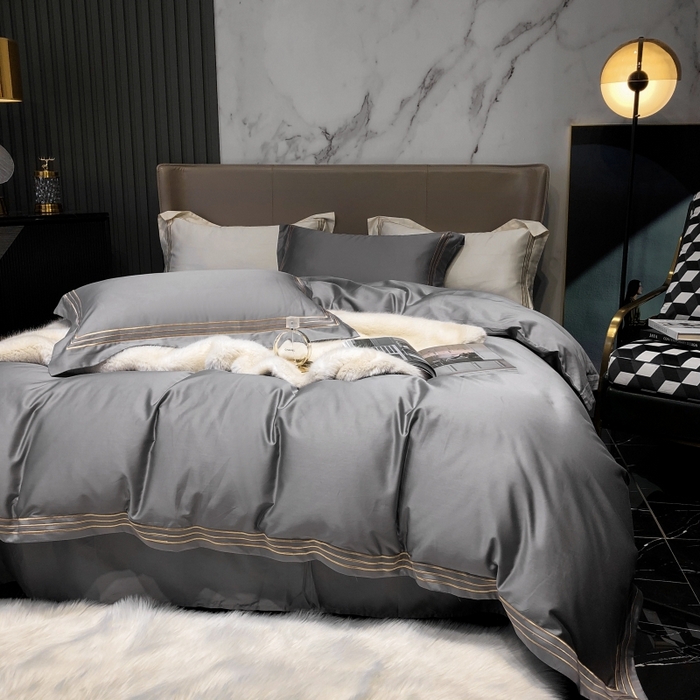 91家纺网 家纺一手货源 找家纺 梵克保罗 2025春夏新款全棉长绒棉100支三线绣刺绣四件套 女神灰