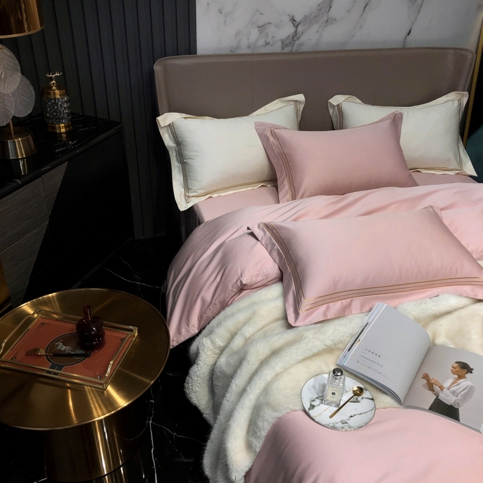 91家纺网 家纺一手货源 找家纺 梵克保罗 2025春夏新款全棉长绒棉100支三线绣刺绣四件套 儒雅粉