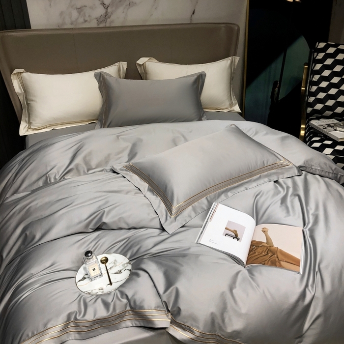 91家纺网 家纺一手货源 找家纺 梵克保罗 2025春夏新款全棉长绒棉100支三线绣刺绣四件套 深情灰