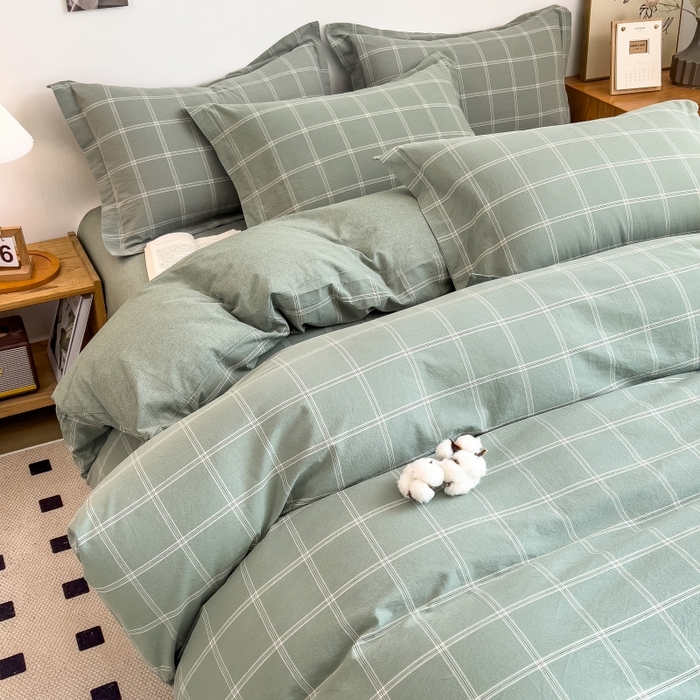 91家纺网 家纺一手货源 找家纺 梵克保罗 2025新款无印风四件套系列 格韵绿-床单款