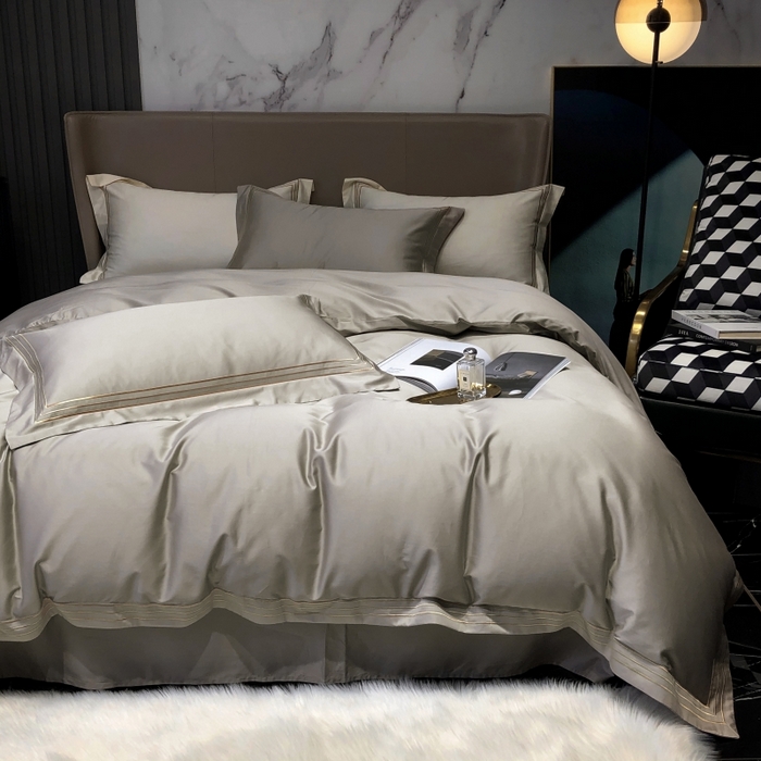 91家纺网 家纺一手货源 找家纺 梵克保罗 2025春夏新款全棉长绒棉100支三线绣刺绣四件套 宫廷咖