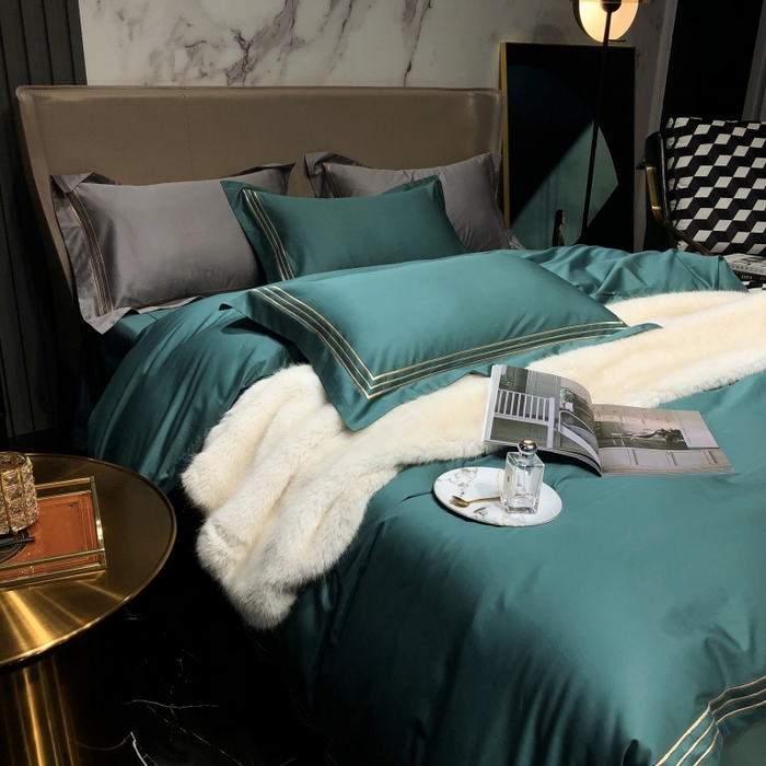 91家纺网 家纺一手货源 找家纺 梵克保罗 2025春夏新款全棉长绒棉100支三线绣刺绣四件套 丝绒绿