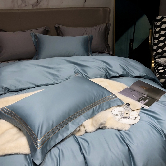 91家纺网 家纺一手货源 找家纺 梵克保罗 2025春夏新款全棉长绒棉100支三线绣刺绣四件套 爱佳蓝