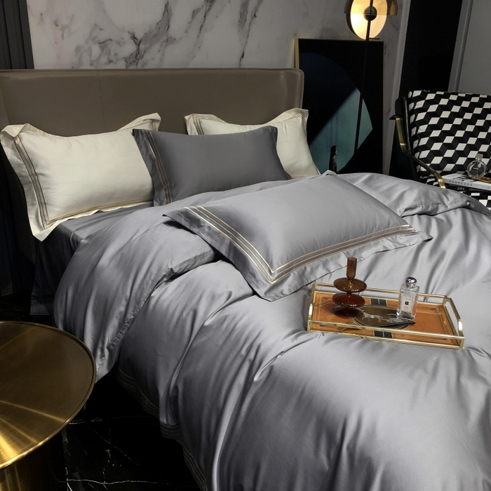 91家纺网 家纺一手货源 找家纺 梵克保罗 2025春夏新款全棉长绒棉100支三线绣刺绣四件套 女神灰