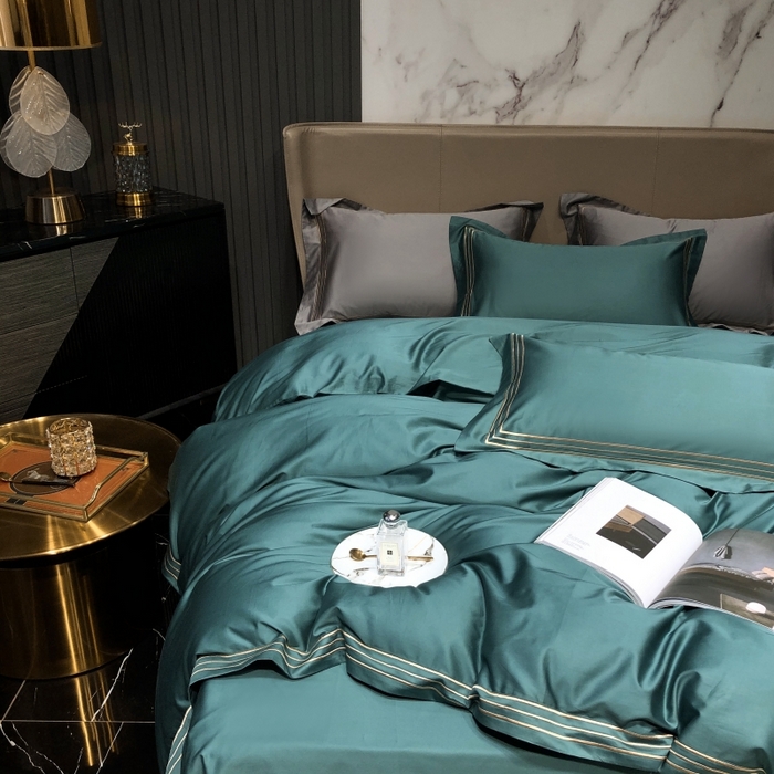 91家纺网 家纺一手货源 找家纺 梵克保罗 2025春夏新款全棉长绒棉100支三线绣刺绣四件套 丝绒绿