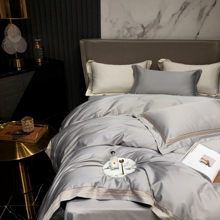 91家纺网 家纺一手货源 找家纺 梵克保罗 2025春夏新款全棉长绒棉100支三线绣刺绣四件套 深情灰