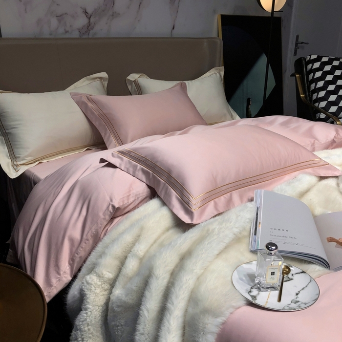 91家纺网 家纺一手货源 找家纺 梵克保罗 2025春夏新款全棉长绒棉100支三线绣刺绣四件套 儒雅粉