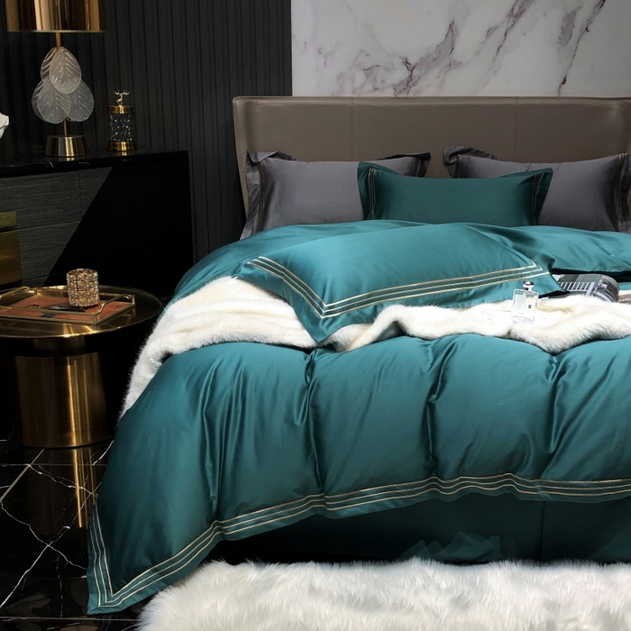 91家纺网 家纺一手货源 找家纺 梵克保罗 2025春夏新款全棉长绒棉100支三线绣刺绣四件套 丝绒绿