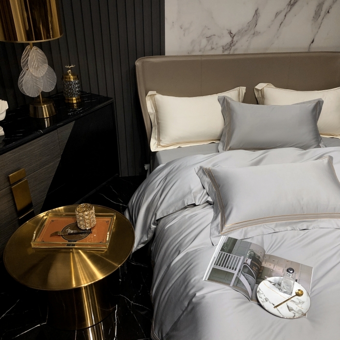 91家纺网 家纺一手货源 找家纺 梵克保罗 2025春夏新款全棉长绒棉100支三线绣刺绣四件套 深情灰