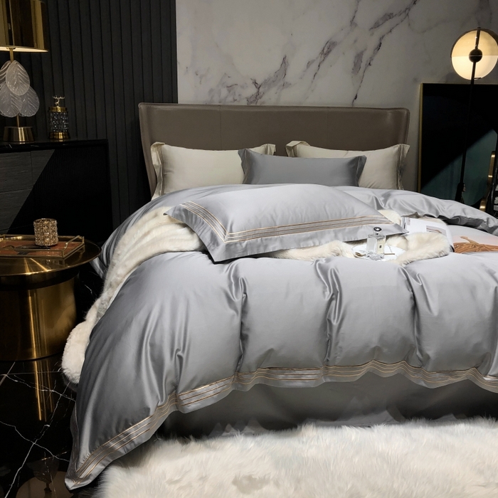 91家纺网 家纺一手货源 找家纺 梵克保罗 2025春夏新款全棉长绒棉100支三线绣刺绣四件套 深情灰