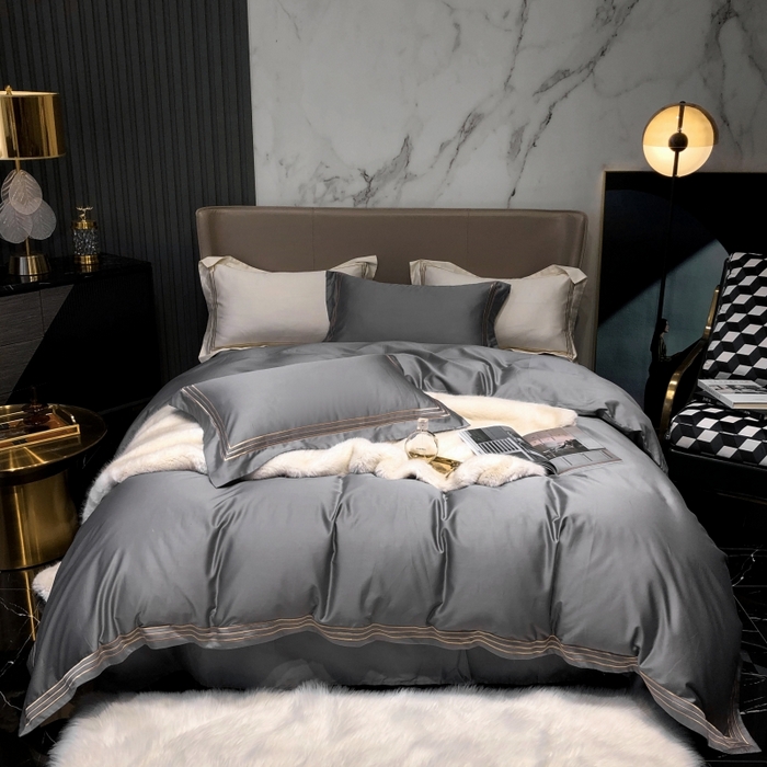 91家纺网 家纺一手货源 找家纺 梵克保罗 2025春夏新款全棉长绒棉100支三线绣刺绣四件套 女神灰