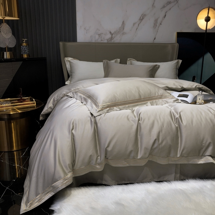 91家纺网 家纺一手货源 找家纺 梵克保罗 2025春夏新款全棉长绒棉100支三线绣刺绣四件套 宫廷咖