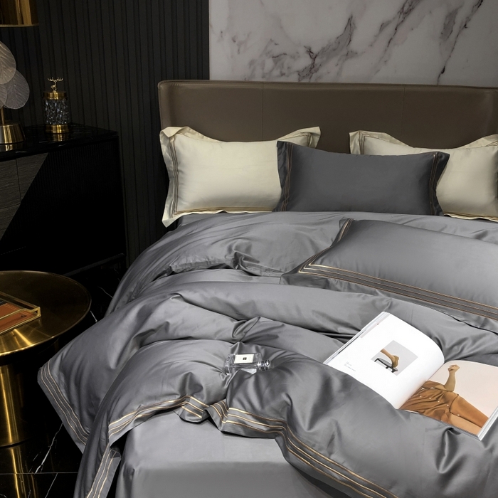 91家纺网 家纺一手货源 找家纺 梵克保罗 2025春夏新款全棉长绒棉100支三线绣刺绣四件套 女神灰