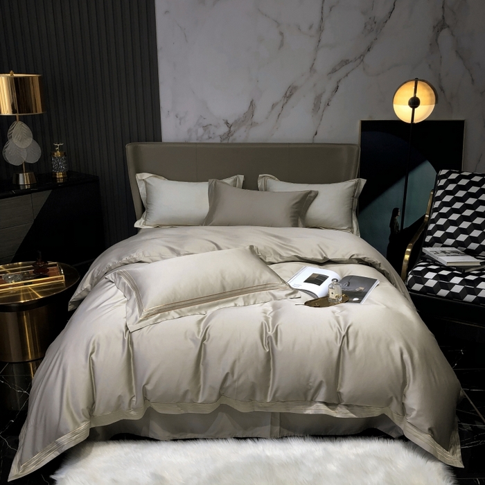 91家纺网 家纺一手货源 找家纺 梵克保罗 2025春夏新款全棉长绒棉100支三线绣刺绣四件套 宫廷咖