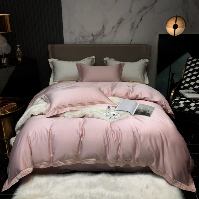 91家纺网 家纺一手货源 找家纺 梵克保罗 2025春夏新款全棉长绒棉100支三线绣刺绣四件套 儒雅粉