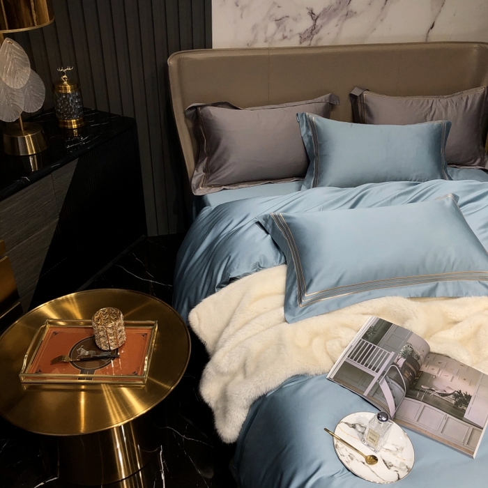 91家纺网 家纺一手货源 找家纺 梵克保罗 2025春夏新款全棉长绒棉100支三线绣刺绣四件套 爱佳蓝