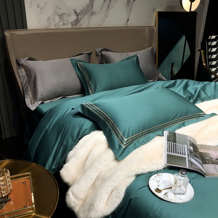 91家纺网 家纺一手货源 找家纺 梵克保罗 2025春夏新款全棉长绒棉100支三线绣刺绣四件套 丝绒绿