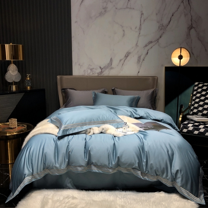 梵克保罗 2025春夏新款全棉长绒棉100支三线绣刺绣四件套 爱佳蓝