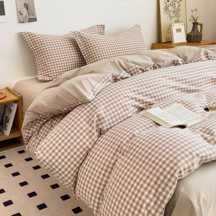 91家纺网 家纺一手货源 找家纺 梵克保罗 2025新款无印风四件套系列 咖小格-床单款