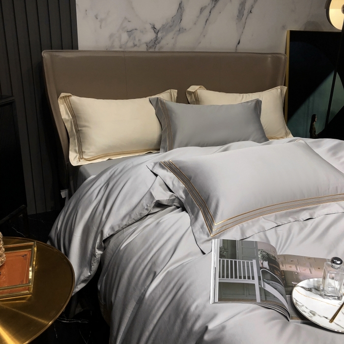 91家纺网 家纺一手货源 找家纺 梵克保罗 2025春夏新款全棉长绒棉100支三线绣刺绣四件套 深情灰