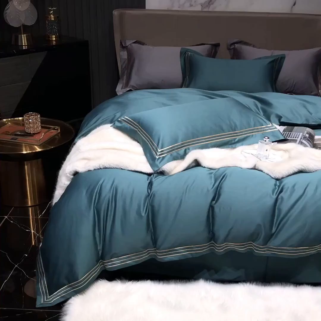 91家纺网 家纺一手货源 找家纺 梵克保罗 2025春夏新款全棉长绒棉100支三线绣刺绣四件套 丝绒绿