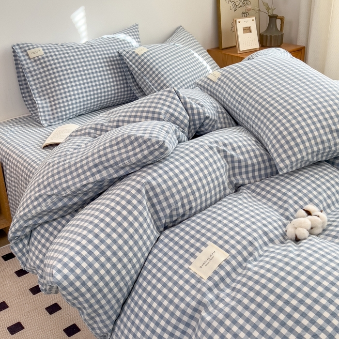 91家纺网 家纺一手货源 找家纺 梵克保罗 2025新款无印风四件套系列 天蓝小格-床单款