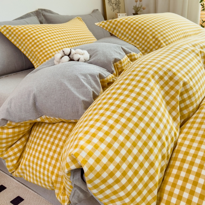 91家纺网 家纺一手货源 找家纺 梵克保罗 2025新款无印风四件套系列 小黄格-床单款