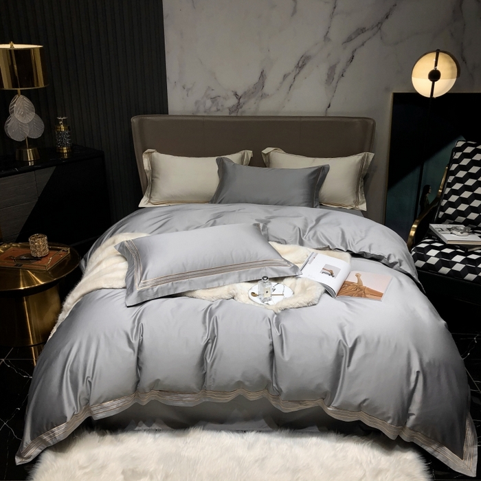 91家纺网 家纺一手货源 找家纺 梵克保罗 2025春夏新款全棉长绒棉100支三线绣刺绣四件套 深情灰