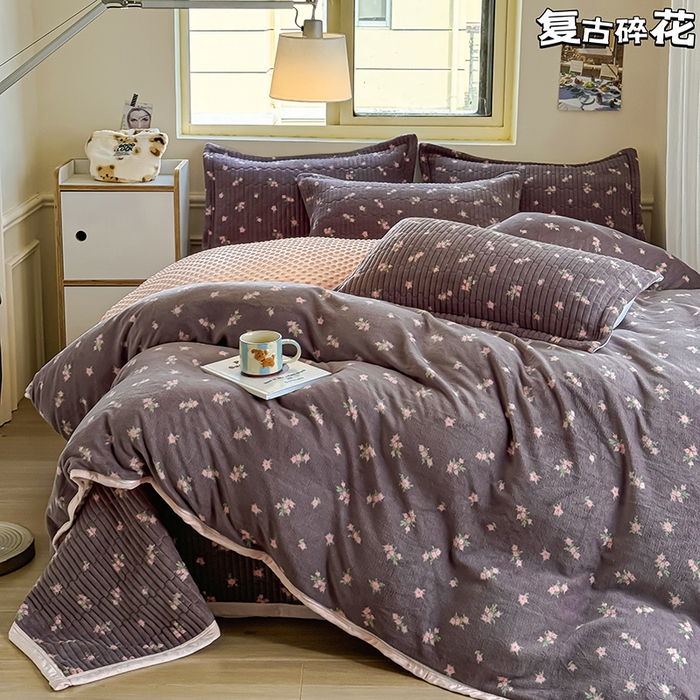 91家纺网 家纺一手货源 找家纺 （总）元熙 2025新款印花小清新韩国绒牛奶绒豆豆床盖四件套