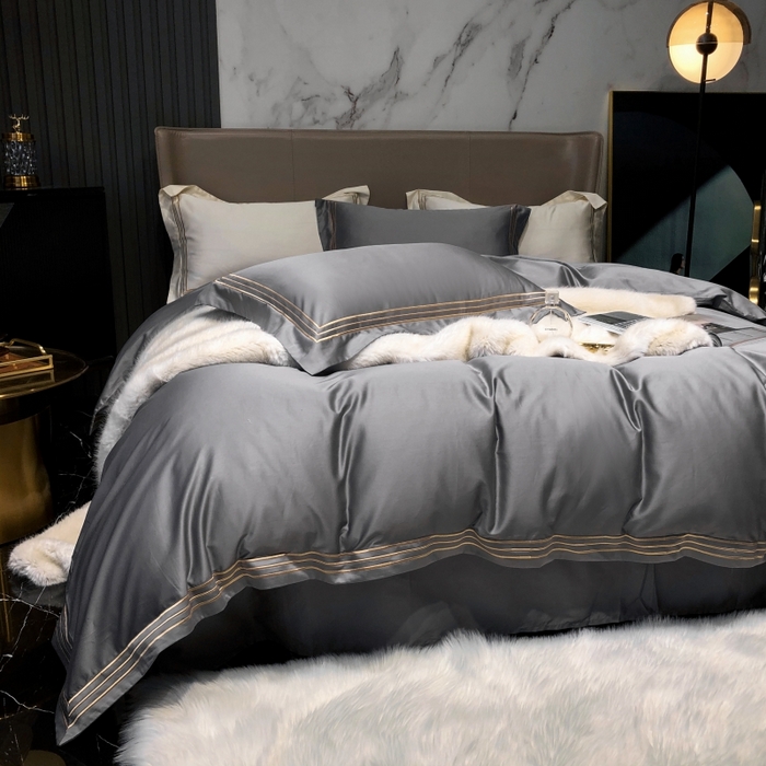 91家纺网 家纺一手货源 找家纺 梵克保罗 2025春夏新款全棉长绒棉100支三线绣刺绣四件套 女神灰