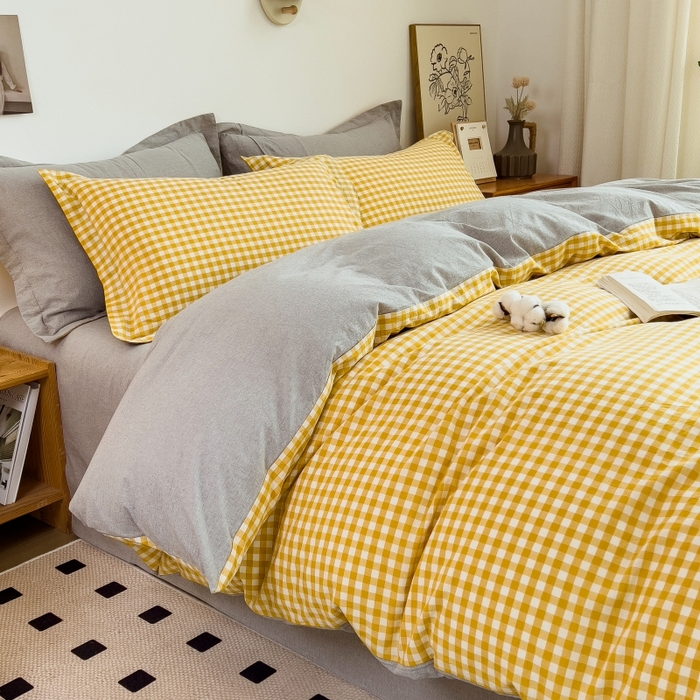 91家纺网 家纺一手货源 找家纺 梵克保罗 2025新款无印风四件套系列 小黄格-床单款