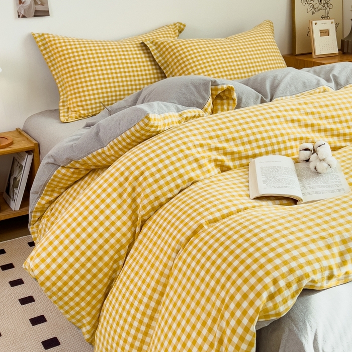 91家纺网 家纺一手货源 找家纺 梵克保罗 2025新款无印风四件套系列 小黄格-床单款