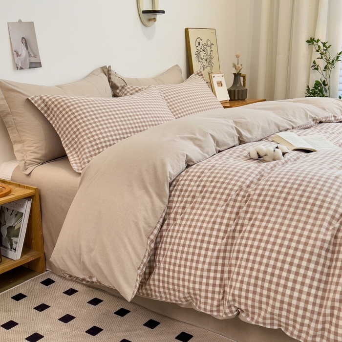 91家纺网 家纺一手货源 找家纺 梵克保罗 2025新款无印风四件套系列 咖小格-床单款