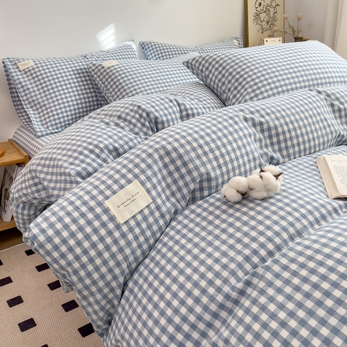 91家纺网 家纺一手货源 找家纺 梵克保罗 2025新款无印风四件套系列 天蓝小格-床单款