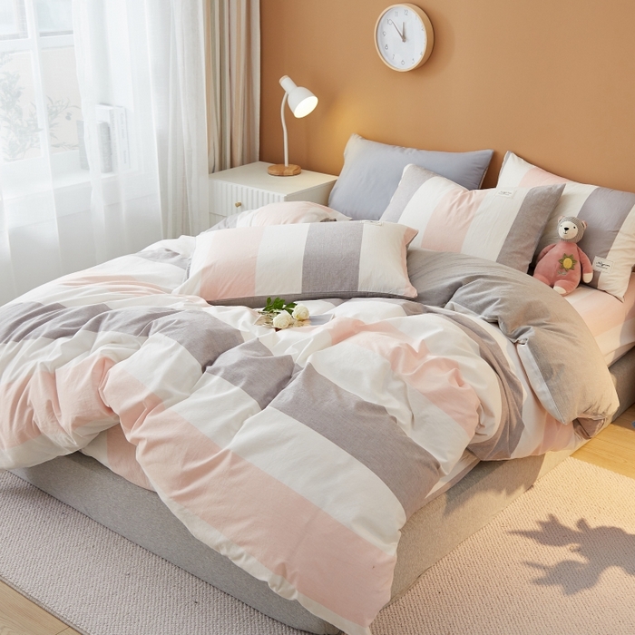 91家纺网 家纺一手货源 找家纺 梵克保罗 2025新款无印风四件套系列 桃玉粉-床笠款